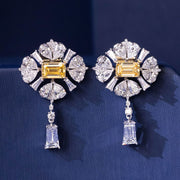 11.12ctw Emerald & Pear Shape Fancy Yellow & White Diamond Earrings 14k White Gold