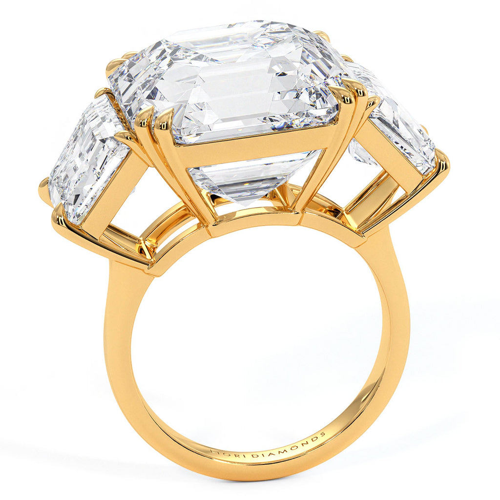 23.22ctw GIA Certified F-VS1 Asscher Cut & Trapezoid Three Stone Lab Grown Diamond Engagement Ring set in 14k Yellow Gold