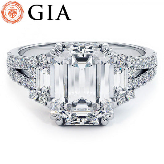 5.53ctw GIA Certified F-VVS2 Emerald Cut Three Stone Micropavé Split Shank Lab Grown Diamond Engagement Ring set in 18k White Gold