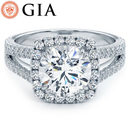 3.82ctw GIA Certified G-VS1 Round Brilliant Halo Split Shank French Cut Lab Grown Diamond Engagement Ring 14k White Gold