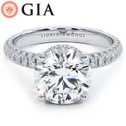 4.08ctw GIA Certified Round Brilliant Under Halo Trio Micropavé Lab Grown Diamond Engagement Ring set in 14k White Gold