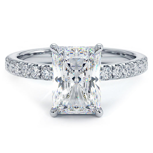 2.55ctw GIA Certified E-VS1 Radiant Cut Under Halo Petite Micropavé Lab Grown Diamond Engagement Ring set in 14k White Gold