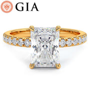 2.55ctw GIA Certified D-VS1 Radiant Cut Under Halo Petite Micropavé Lab Grown Diamond Engagement Ring set in 14k Yellow Gold