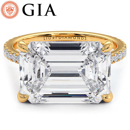 5.59ctw GIA Certified E-VVS2 Emerald Cut East to West Petite Micropavé Lab Grown Diamond Engagement Ring set in 14k Yellow Gold