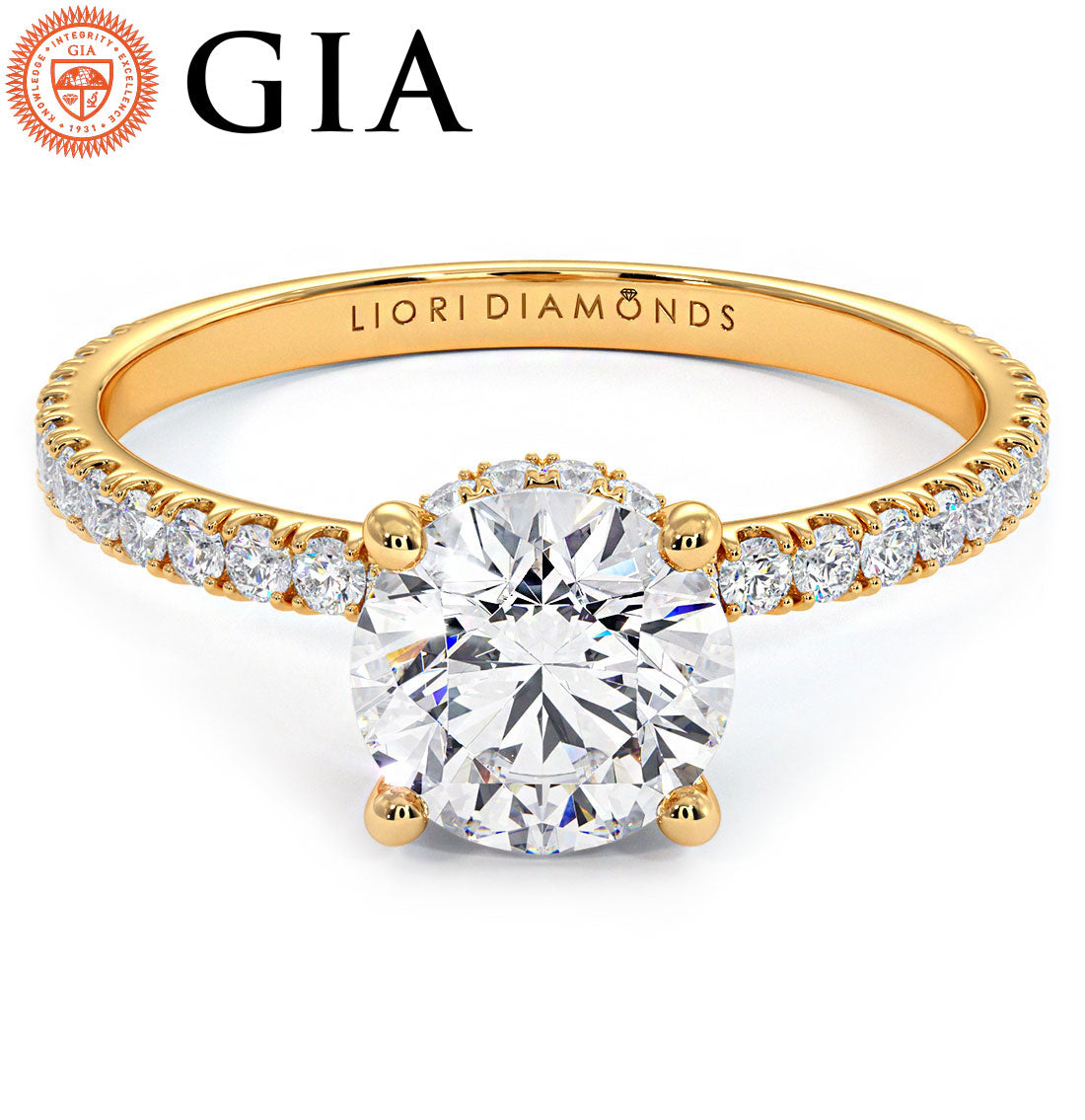1.43ctw GIA Certified Round Brilliant Under Halo Petite Micropavé Lab Grown Diamond Engagement Ring set in 14k Yellow Gold