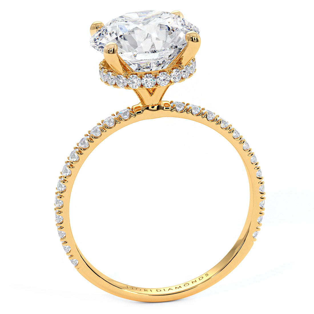 3.60ctw Round Brilliant Under Halo Petite Micropavé Lab Grown Diamond Engagement Ring set in 14k Yellow Gold