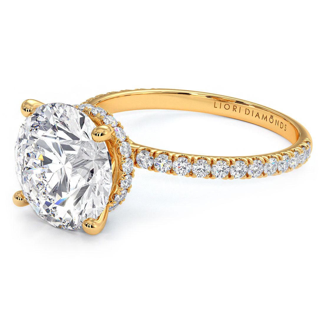 3.60ctw Round Brilliant Under Halo Petite Micropavé Lab Grown Diamond Engagement Ring set in 14k Yellow Gold