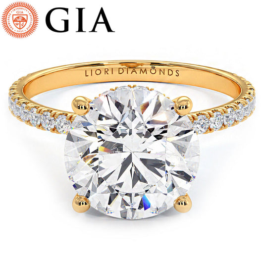 3.74ctw GIA Certified Round Brilliant Under Halo Petite Micropavé Lab Grown Diamond Engagement Ring set in 14k Yellow Gold