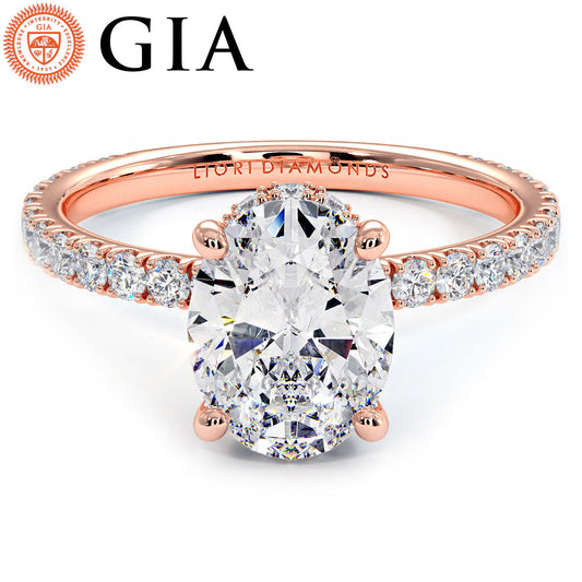 2.42ctw GIA Certified Oval Cut Under Halo Petite Micropavé Lab Grown Diamond Engagement Ring set in 18k Rose Gold