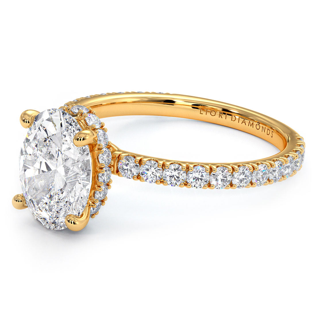 2.42ctw GIA Certified Oval Cut Under Halo Petite Micropavé Lab Grown Diamond Engagement Ring set in 18k Yellow Gold