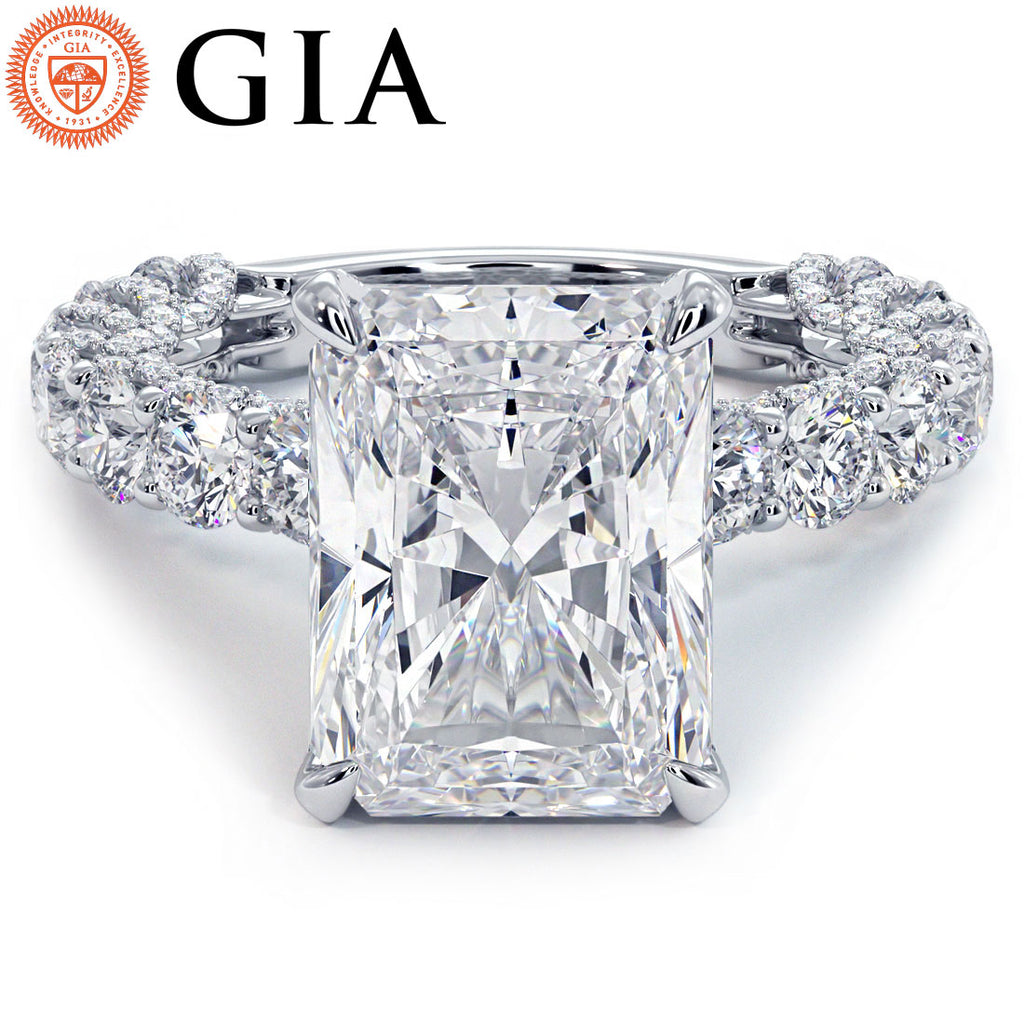 7.41ctw GIA Certified E-VVS2 Radiant Cut Micropavé Lucida Setting Lab Grown Diamond Engagement Ring set in 14k White Gold