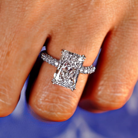 5.03ctw GIA Certified E-VVS1 Radiant Cut Trio Micropavév Lab Grown Diamond Engagement Ring set in 14k White Gold