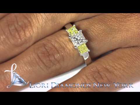 ER-1044 - 1.70 Carat Fancy Yellow & White Princess Cut Three Stone Diamond Engagement Ring