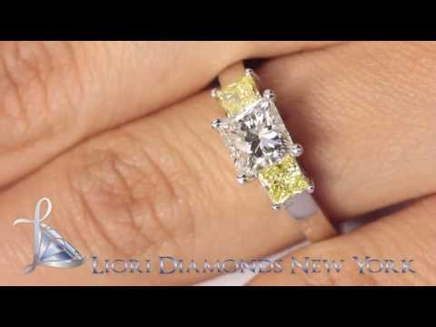 ER-0914 - 2.30 Ct. Fancy Yellow & White Princess Cut Three Stone Diamond Engagement Ring