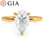 1.56ct GIA Certified Pear Shape Petite Wire Basket Solitaire Lab Grown Diamond Engagement Ring set in 14k Yellow Gold