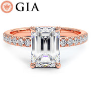 2.48ctw GIA Certified D-VS1 Emerald Cut Under Halo Petite Micropavé Lab Grown Diamond Engagement Ring set in 14k Rose Gold