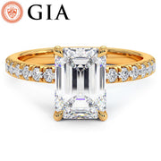 2.47ctw GIA Certified D-VS1 Emerald Cut Under Halo Petite Micropavé Lab Grown Diamond Engagement Ring set in 14k Yellow Gold