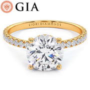 1.97ctw D-VVS1 GIA Certified Round Brilliant Under Halo Petite Micropavé Lab Grown Diamond Engagement Ring set in 14k Yellow Gold
