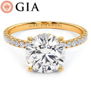 2.49ctw E-VVS2 GIA Certified Round Brilliant Under Halo Petite Micropavé Lab Grown Diamond Engagement Ring set in 14k Yellow Gold