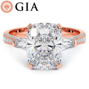 5.09ctw GIA Certified Cushion Cut & Tapered Baguette Three Stone Micropavé Lab Grown Diamond Engagement Ring set in 14k Rose Gold