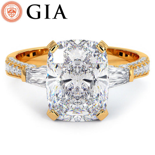 4.35ctw GIA Certified Cushion Cut & Tapered Baguette Three Stone Micropavé Lab Grown Diamond Engagement Ring set in 18k Yellow Gold
