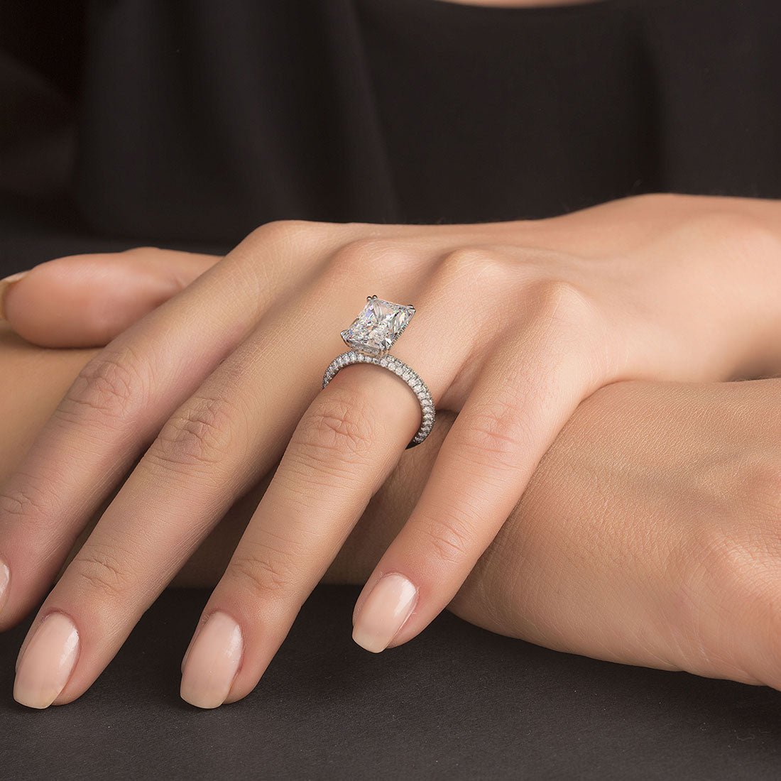 4.60ctw GIA Certified E-VS1 Radiant Cut Trio Micropavév Lab Grown Diamond Engagement Ring set in 18k White Gold