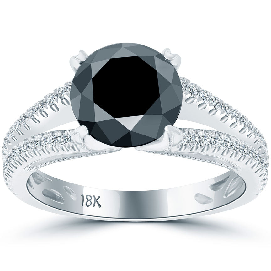 3.19 Carat Certified Natural Black Diamond Engagement Ring 18k White Gold