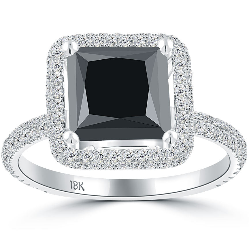 3.38 Carat Princess Cut Natural Black Diamond Engagement Ring 18k White Gold