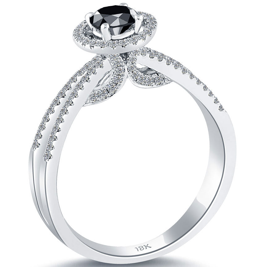 0.69 Ct. Natural Black Diamond Engagement Ring 18k Gold Pave Halo Vintage Style