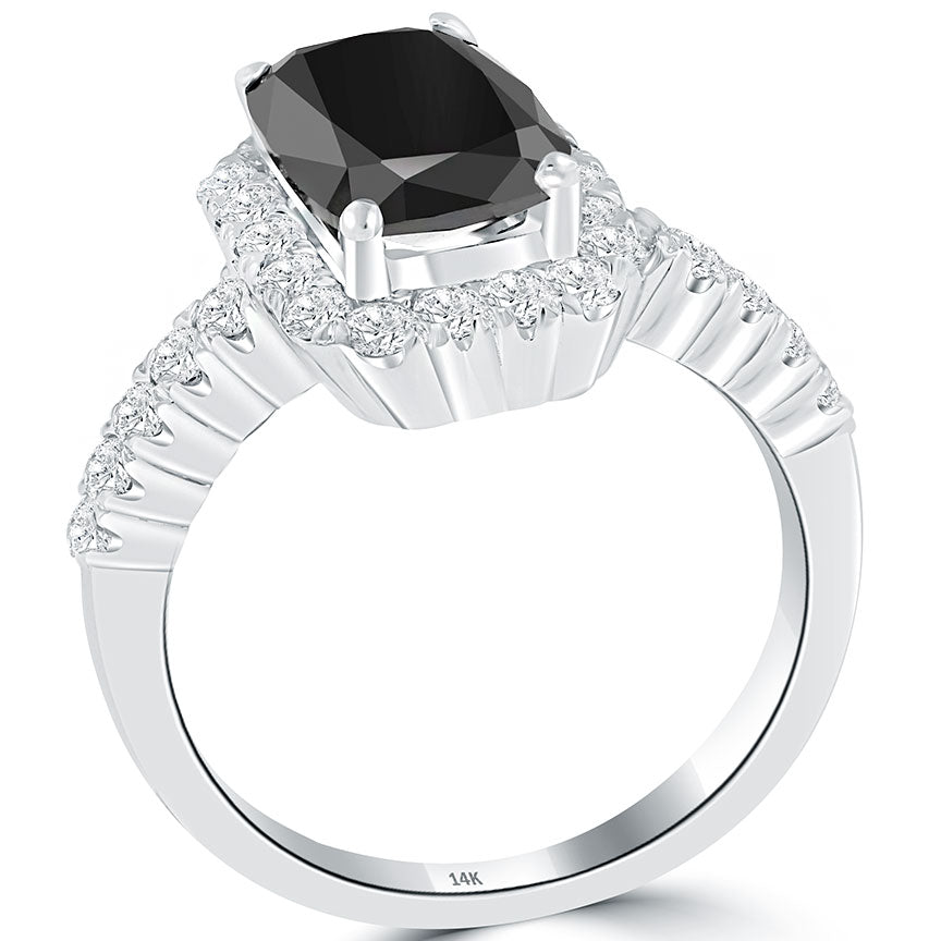 2.94 Carat Certified Cushion Cut Black Diamond Ring 14k White Gold Pave Halo