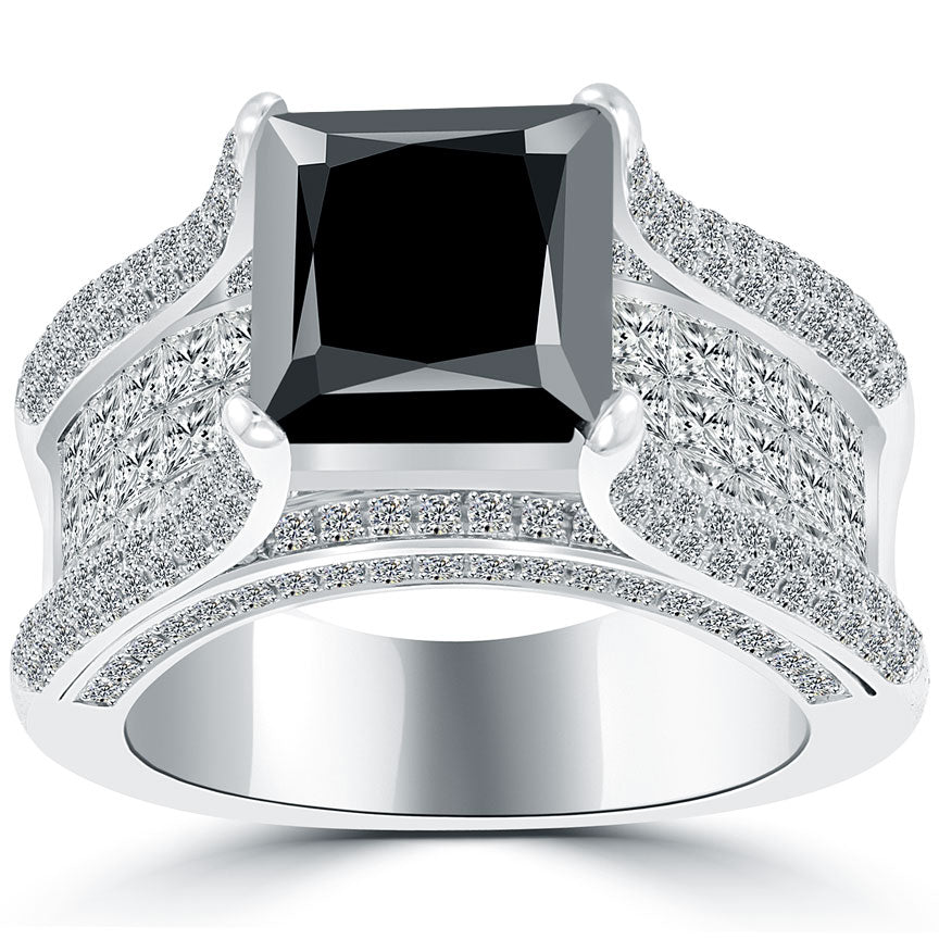 6.89 Carat Princess Cut Natural Black Diamond Engagement Ring 18k White Gold