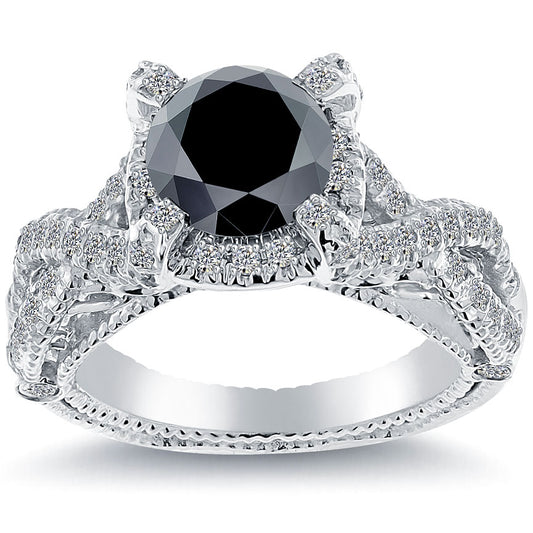 2.94 Carat Certified Natural Black Diamond Engagement Ring 14k White Gold