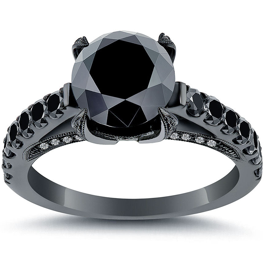 4.12 Carat Certified Natural Black Diamond Engagement Ring 14k Black Gold