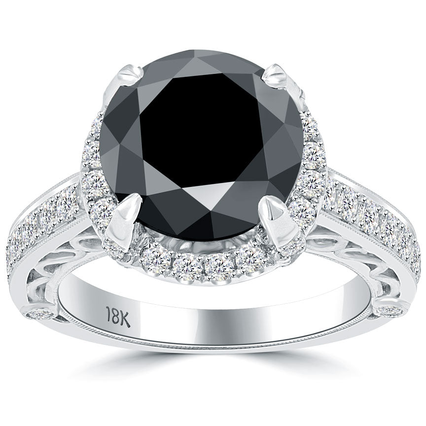 5.13 Carat Natural Black Diamond Engagement Ring 18k White Gold Vintage Style