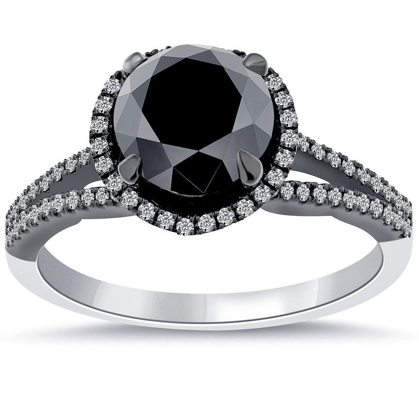 2.33 Carat Natural Black Diamond Engagement Ring 18k Black Gold Pave Halo