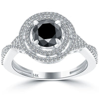 1.75 Carat Certified Black Diamond Engagement Ring Pave Halo 14k White Gold