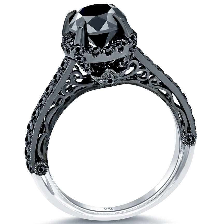 2.13 Carat Certified Black Diamond Engagement Ring 18k Black Gold Vintage Style