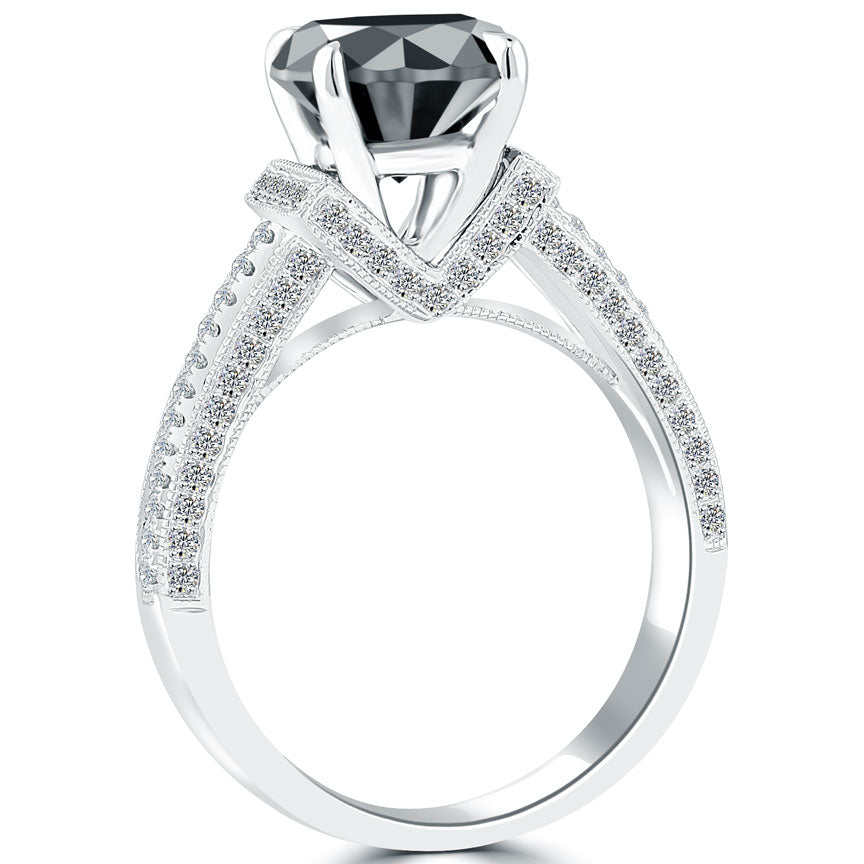 3.01 Carat Certified Natural Black Diamond Engagement Ring 14k White Gold