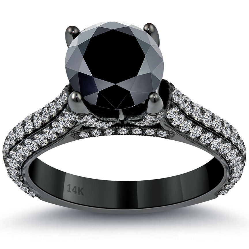 3.63 Carat Certified Natural Black Diamond Engagement Ring 14k Black Gold Front