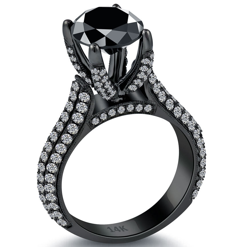 3.63 Carat Certified Natural Black Diamond Engagement Ring 14k Black Gold Side