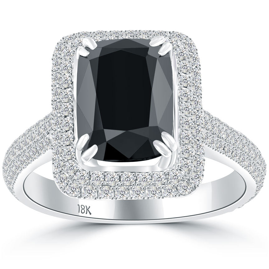 4.35 Carat Cushion Cut Black Diamond Engagement Ring 18k Pave Halo Vintage Style