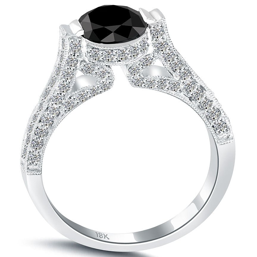 1.72 Carat Certified Natural Black Diamond Engagement Ring 18k White Gold