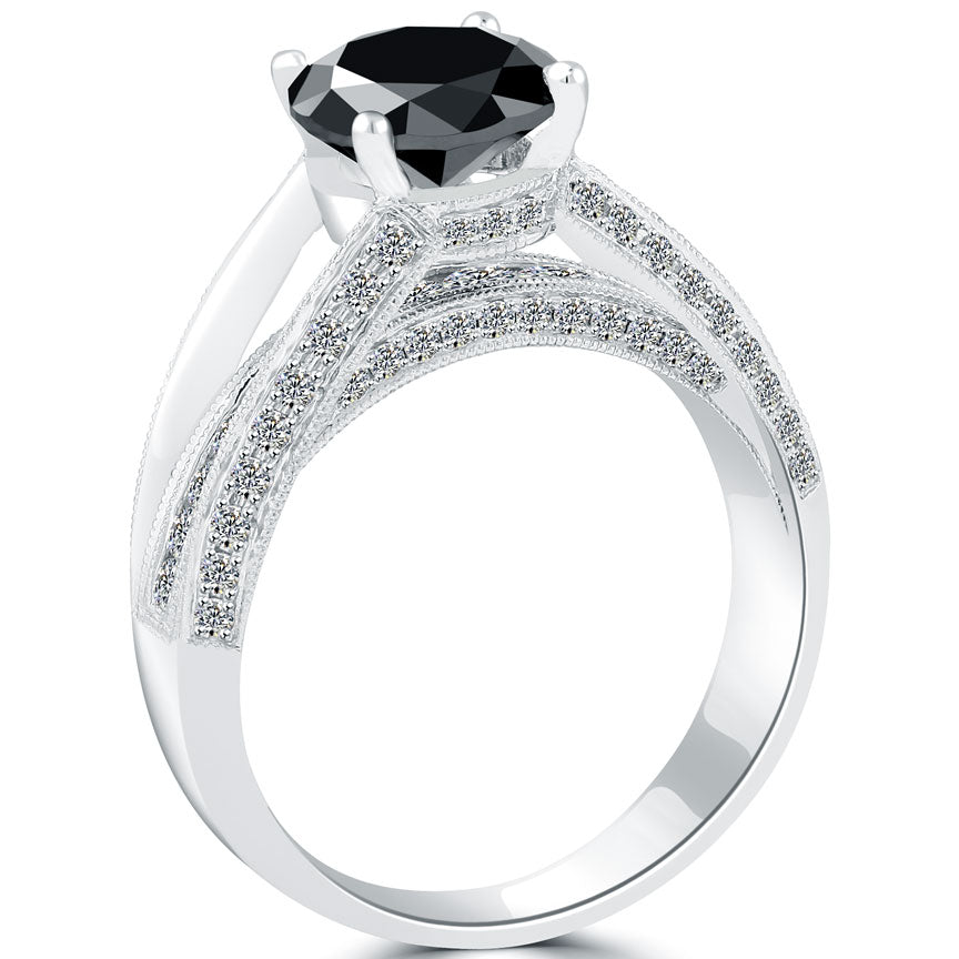 2.79 Carat Certified Natural Black Diamond Engagement Ring 14k White Gold