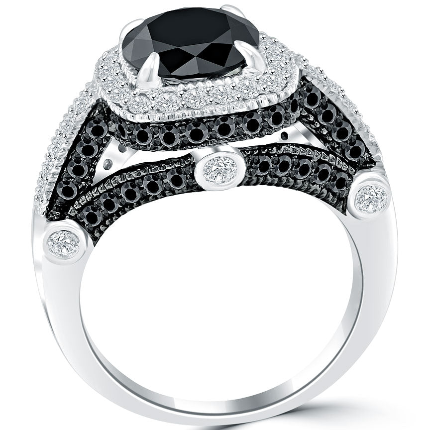 3.70 Carat Vintage Style Natural Black Diamond Engagement Ring 14k White Gold