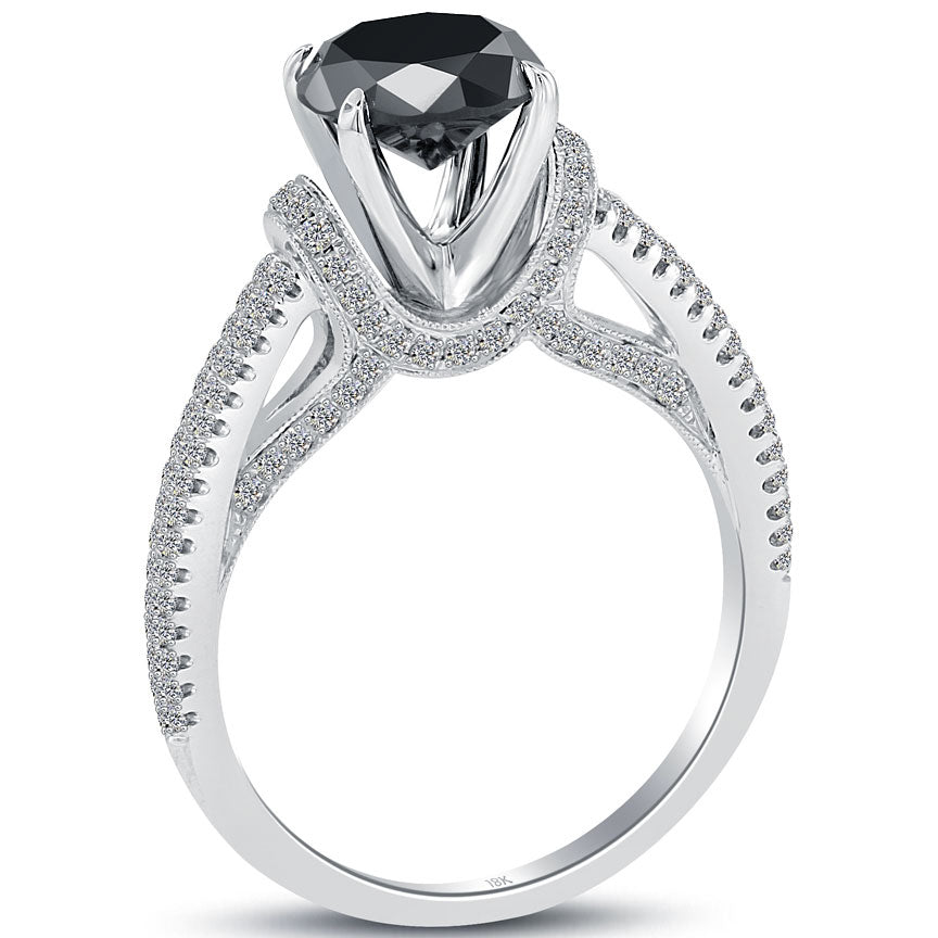 2.06 Carat Certified Natural Black Diamond Engagement Ring 18k White Gold