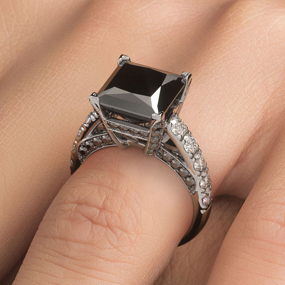 6.08 Carat Princess Cut Natural Black Diamond Engagement Ring 14k White Gold