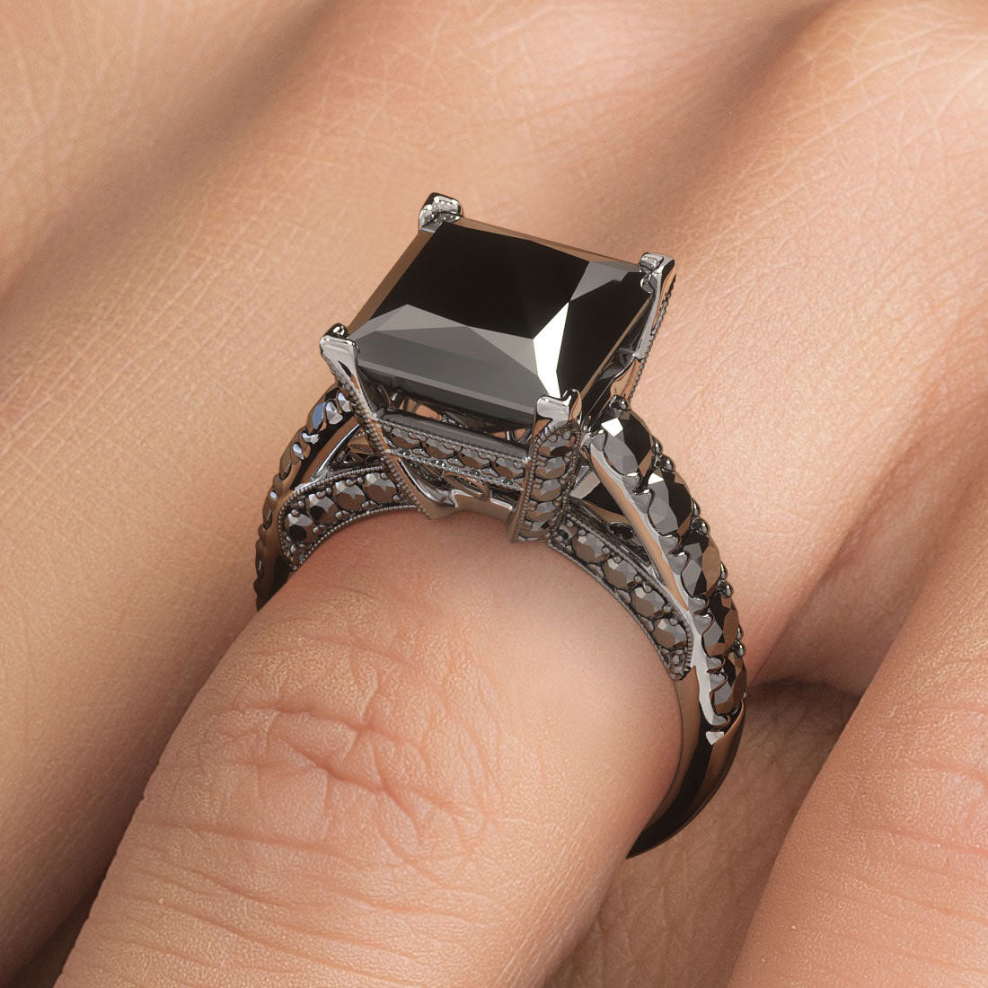 7.55 Carat Princess Cut Natural Black Diamond Engagement Ring 14k White Gold