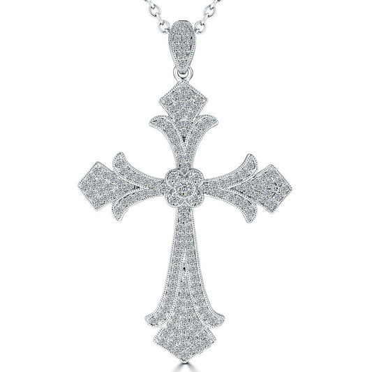 1.20 Carat Art Deco Diamond Cross Pendant Necklace in 14k White Gold - CR-033