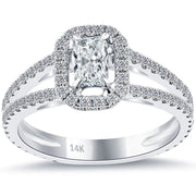1.61 Carat F-VS2 Radiant Cut Diamond Engagement Ring 14k White Gold Pave Halo