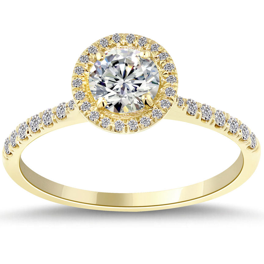 1.06 Carat E-SI1 Natural Round Diamond Engagement Ring 14k Yellow Gold Pave Halo